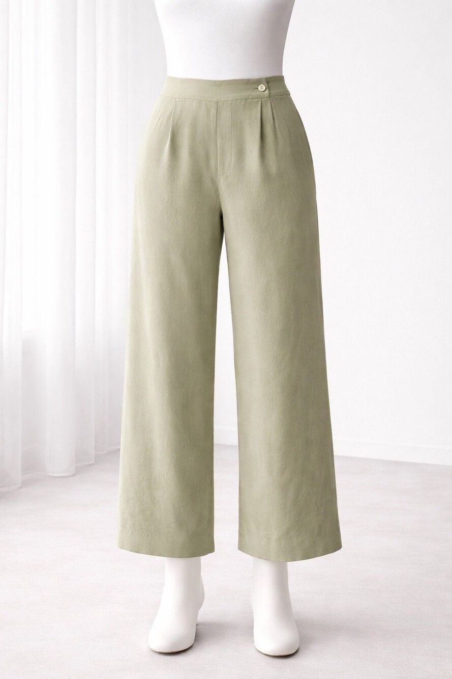 100% Silk Wide Leg Pants Women’s Sage Green Petite Coastal Minimalist - Picture 7 of 16